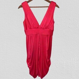 BCBGMAXAZRIA Ruched Wide Strap Draped Satin Dress, Bright Coral Pink, Sz XXS
